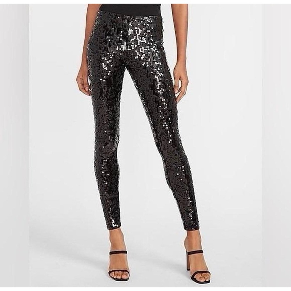 (B6) Express Womens Black Sequin Leggings Slim Fit Party Pants Size S
